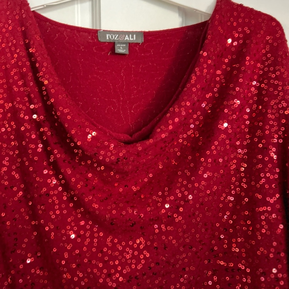 Red Sequined Cowl Neck Sweater Size Large Petite